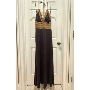PHOEBE COUTURE 10 brown Gold Trim Halter Maxi Dress Gown vtg Y2K Formal cocktail
